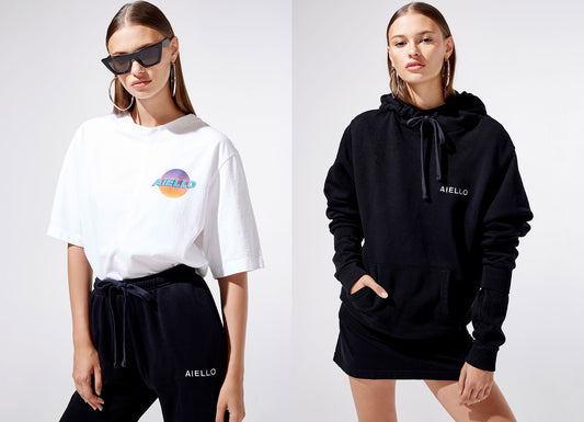 Logo Terry Hoodie Black, Aiello White Oversized T-shirt, and Black Drawstring Sweatpants by Frankies Bikinis 