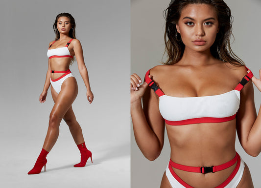 White and Red Ribbed Buckle Bralette Bikini Top and Bikini Bottom by Frankies Bikinis 