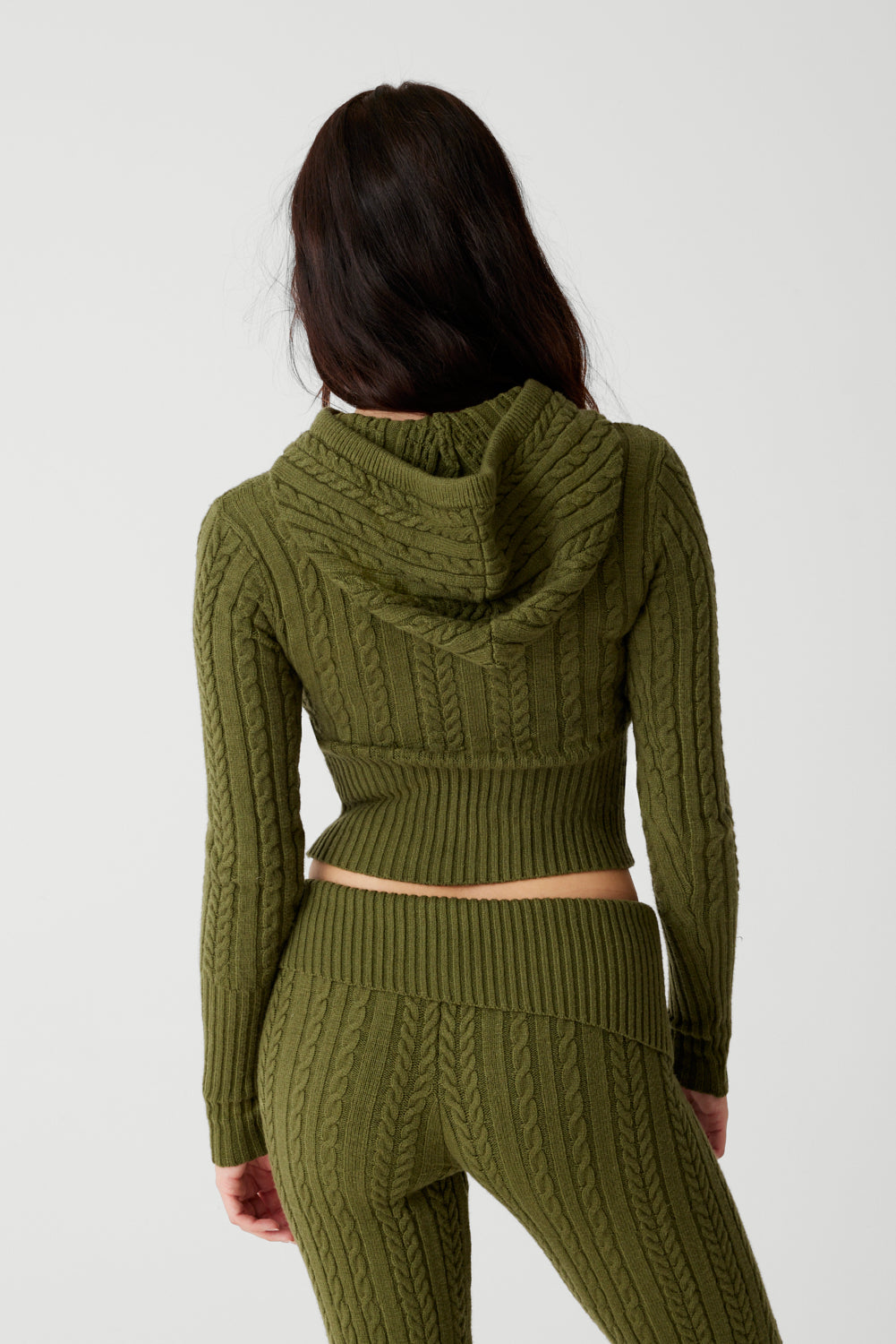Cable Knit Hooded Sweater and Leggings Set - Olive