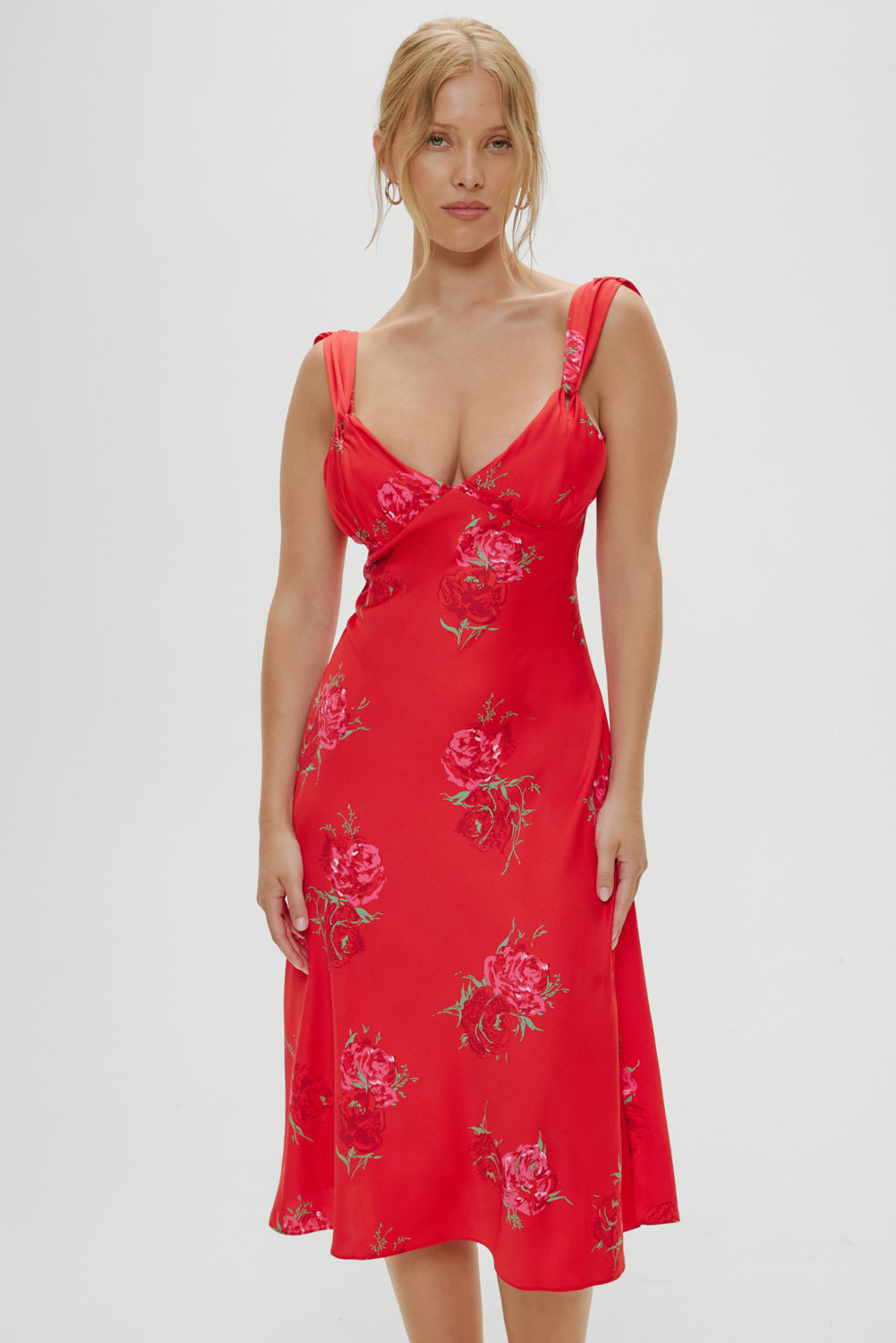Aurora Satin Floral Midi Dress Red Rose Brushstroke