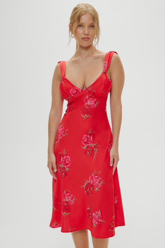 Product-Hover--Aurora Satin Floral Midi Dress - Red Rose Brushstroke