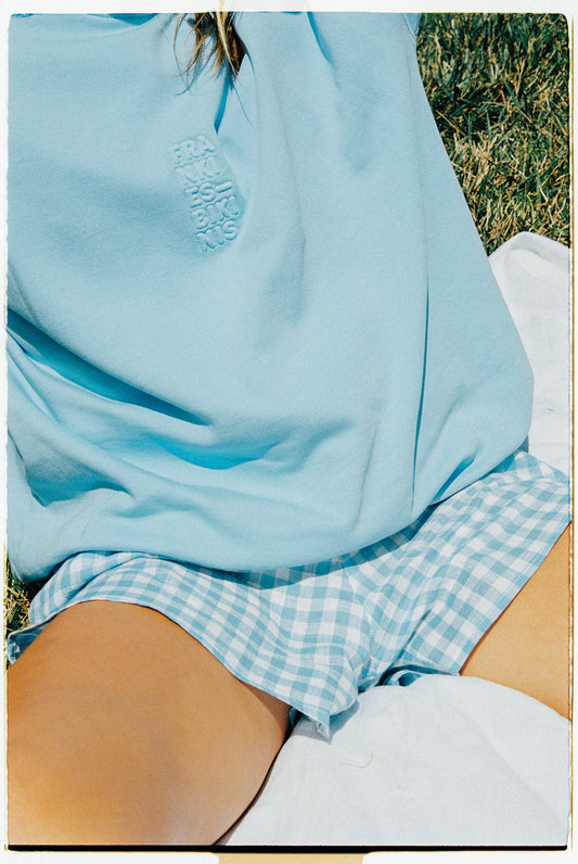 baby blue crewneck with logo embroidery and blue plaid shorts by Frankies Bikinis 