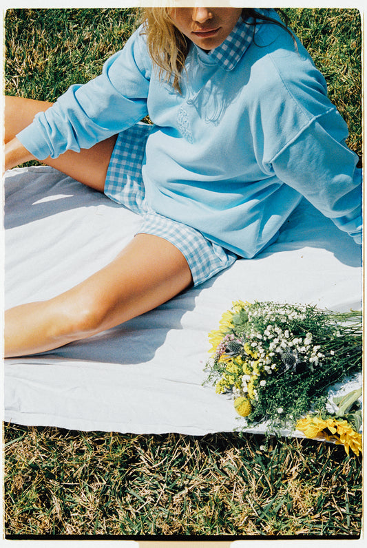 baby blue crewneck with logo embroidery and blue plaid shirt and shorts by Frankies Bikinis 