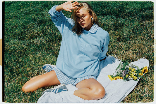 baby blue crewneck with logo embroidery and blue plaid shirt and shorts by Frankies Bikinis 