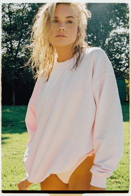 baby pink crewneck with logo embroidery by Frankies Bikinis 