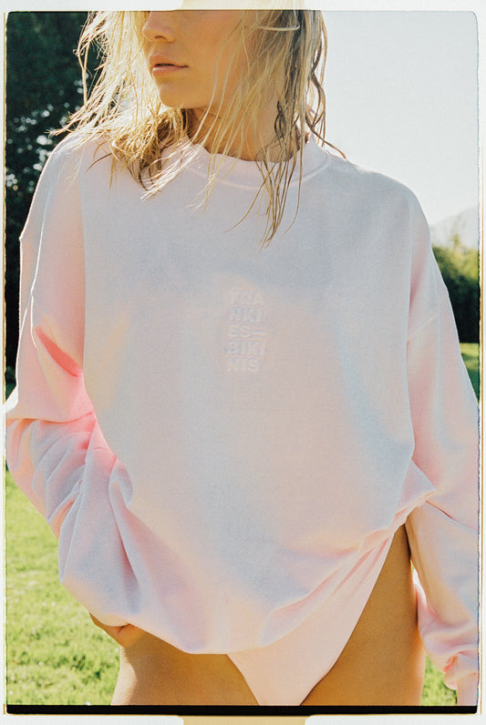 baby pink crewneck with logo embroidery by Frankies Bikinis 
