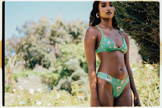 binx meadow green floral print triangle top and cheeky bottoms by Frankies Bikinis 