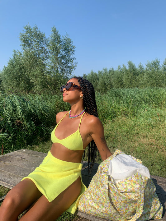 Boardwalk Bra Top and Stacey Mini Skirt Citronella Cashmere by Frankies Bikinis 