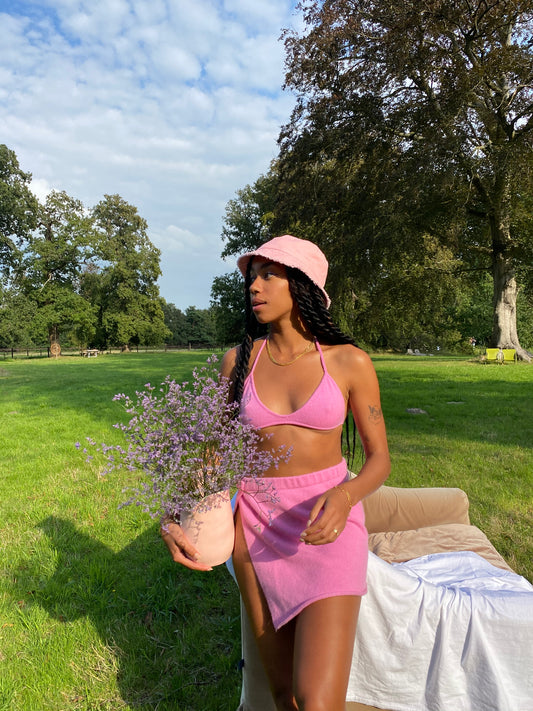 Amaka Hamelijnck Edit Bra Top and Mini Skirt Rose Cashmere Set by Frankies Bikinis 