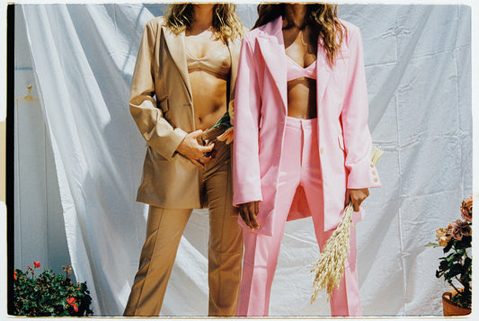 nude and pink vegan leather blazers and pants by Frankies Bikinis 