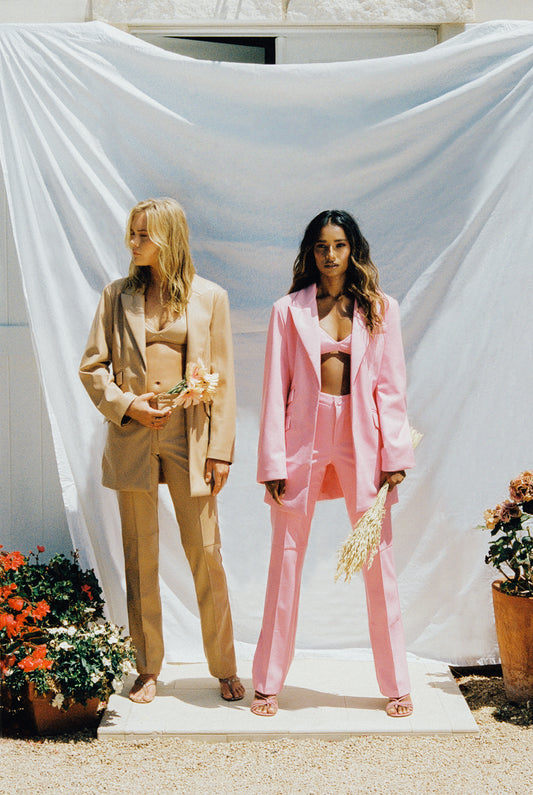 nude and pink vegan leather blazers and pants by Frankies Bikinis 