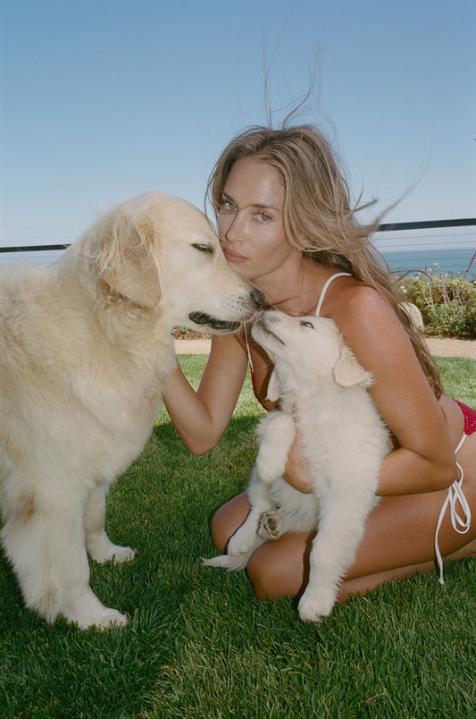 Francesca in a red bikini sits on green grass outdoors, holding a small white puppy while next to a large cream-colored dog. The background shows a blue sky and ocean. by Frankies Bikinis 