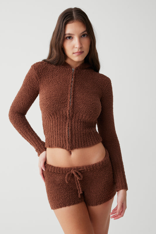 Product--Harlowe fuzzy zip up hoodie chocolate lily