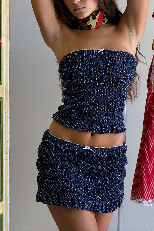 Product--Jolie satin strapless rouched shirt dotty Polka dot navy print 