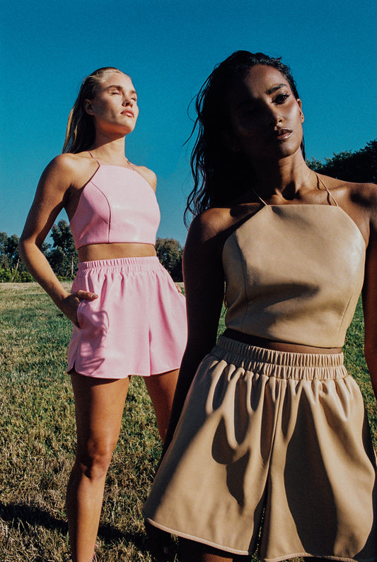 pink and nude vegan leather halter and shorts by Frankies Bikinis 