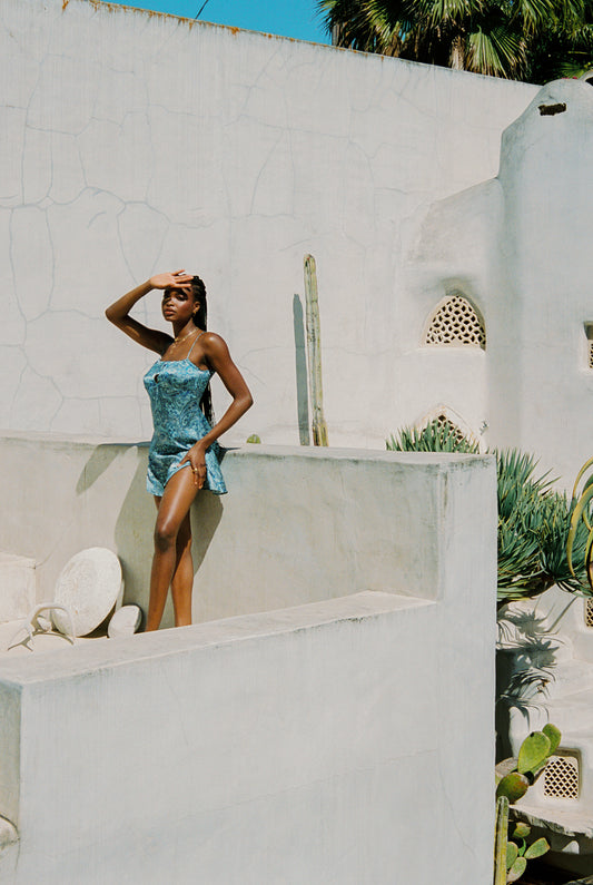 resort 2021 blue paisley silk dress by Frankies Bikinis 