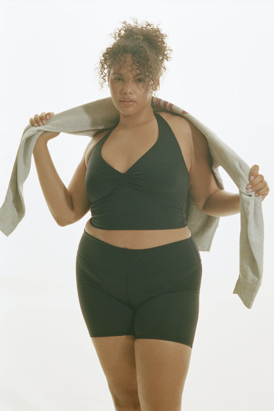 Active Lively Cropped Halter Top Black and Speedy Bike Short Black by Frankies Bikinis 