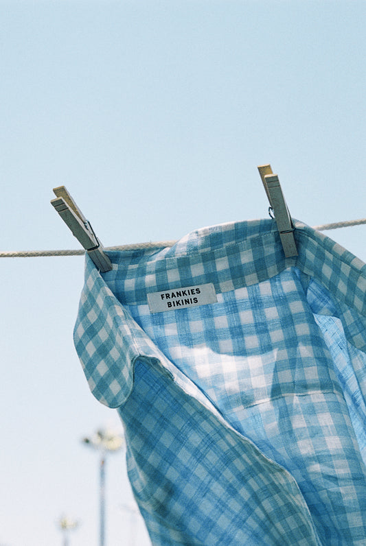 bluebell blue plaid button up shirt by Frankies Bikinis 