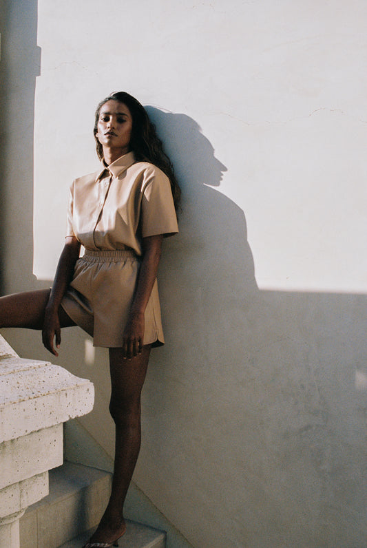 nude vegan leather button up and shorts by Frankies Bikinis 