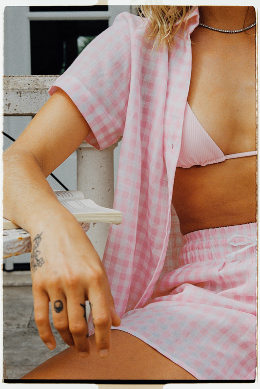 pink plaid button up and short clothing by Frankies Bikinis 