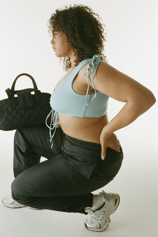 Active Windy Ruched Crop Top Baby Blue and Venus Quilted Bag Black by Frankies Bikinis 