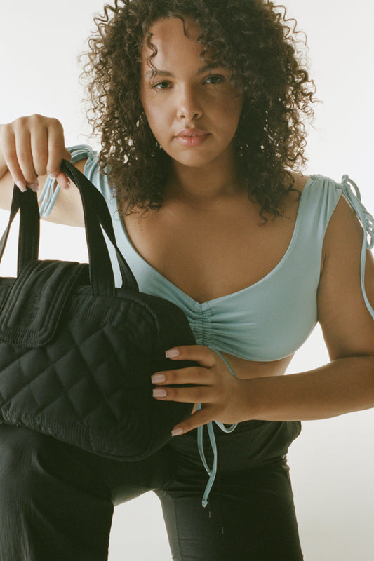 Active Windy Ruched Crop Top Baby Blue and Venus Quilted Bag Black by Frankies Bikinis 