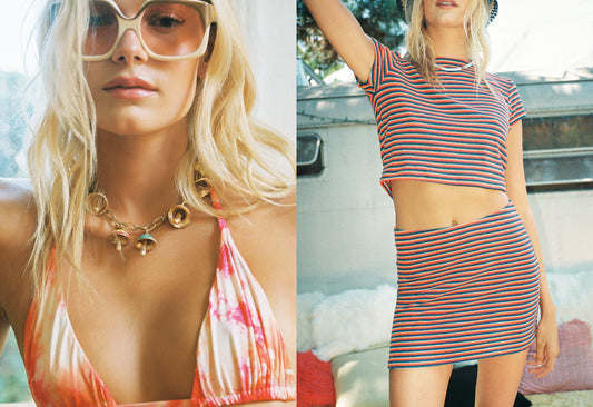 love in venice sherbet orange and pink tie dye bikinis and terry tee and skirt by Frankies Bikinis 