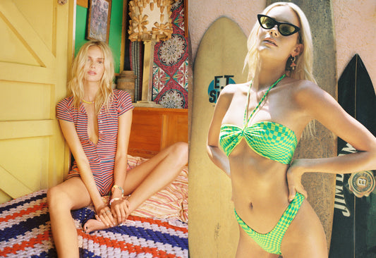 love in venice stripe terry romper and green trippy checkered print bikini by Frankies Bikinis 