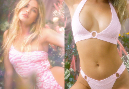 Evangeline One Shoulder Tie One Piece Pink Cloud, Eden Halter Heavenly Pink Polka Dot Fabric Top and Eden Skimpy Heavenly Pink Polka Dot Fabric Bottom by Frankies Bikinis 