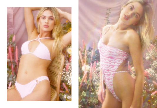 Angel Criss Cross Triangle Front Bikini Top Heavenly and Angel Cheeky Heavenly Pink Polka Dot Fabric Bottom, Evangeline One Shoulder Tie One Piece Pink Cloud by Frankies Bikinis 