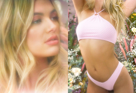 Lani Halter Heavenly Pink Polka Dot Fabric Top and Lani Cheeky Heavenly Pink Polka Dot Fabric Bottom by Frankies Bikinis 