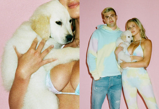 Aiden Sweatpant Rainbow Tie Dye, Burl Sweatshirt Rainbow Tie Dye, Nicola Velvet Rainbow Tie Dye Triangle Bikini Top by Frankies Bikinis 