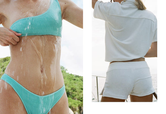 Barb Celeste Terry One Shoulder Bikini Top, Celeste Terry Bikini Bottom, Coco Terry White Button Up Shirt, White Terry Short by Frankies Bikinis 