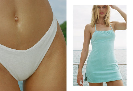 White Terry Cheeky Bikini Bottom, Celeste Terry Halter Mini Dress by Frankies Bikinis 