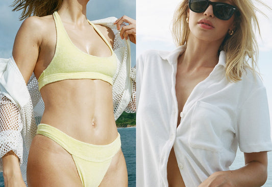 Buttercup Terry Halter Bikini Top, Phoebe Buttercup Skimpy Bikini Bottom, Coco White Terry Button Up Shirt by Frankies Bikinis 