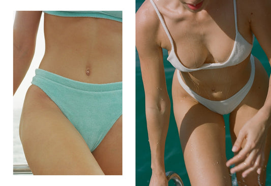 Celeste Terry High Waist Bikini Bottom, White Terry Triangle Bikini Top, White Terry Bikini Bottom by Frankies Bikinis 