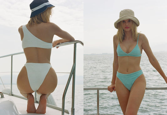 Barb White Terry Bikini Top, White Terry High Waist Bikini Bottom, Claire Celeste Terry Triangle Bikini Top, Celeste Terry High Waist Bikini Bottom by Frankies Bikinis 