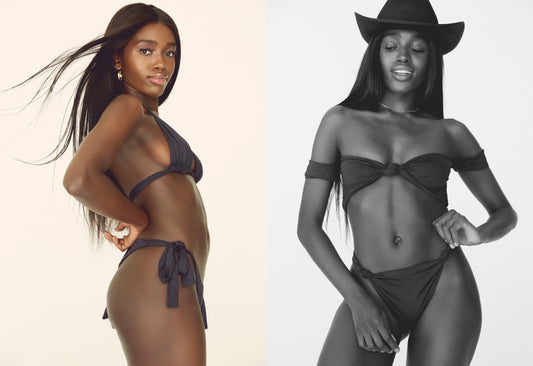 Black Center Knot Off The Shoulder Bikini Top, Black Side Knot Bikini Bottom, Veronica Black Triangle Bikini Top, Black Side Tie Bikini Bottom by Frankies Bikinis 