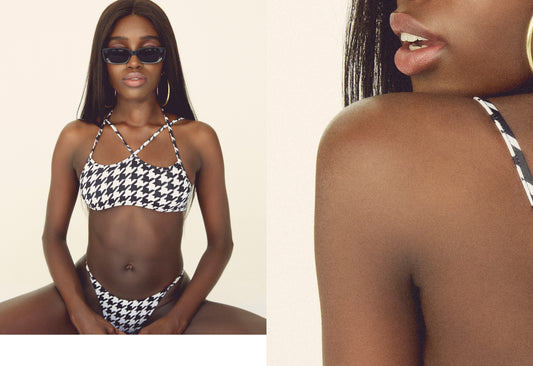 Houndstooth Cross Bikini Top, Houndstooth Skimpy Bikini Bottom by Frankies Bikinis 