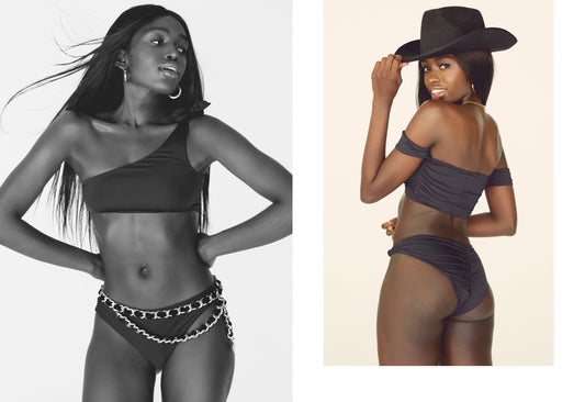 One Shoulder Black Bikini Top, Black Strapless Off The Shoulder Bikini Top, Black Cheeky Ruched Bikini Bottom by Frankies Bikinis 