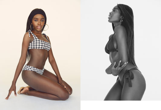 Houndstooth Square Neck Bikini Top With Strap Ties, Houndstooth Bikini Bottom, Veronica Black Triangle Bikini Top, Black Side Tie Bikini Bottom by Frankies Bikinis 