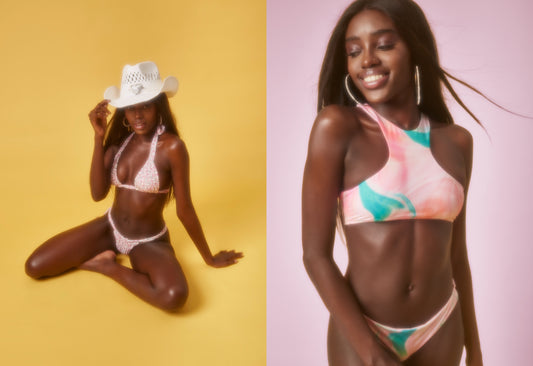 Pink triangle bikini in a butterfly print and sporty halter bikini in trippy print by Frankies Bikinis 