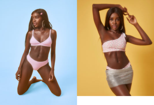 Pink terry triangle bikini and one shoulder halter bikini in butterfly print by Frankies Bikinis 