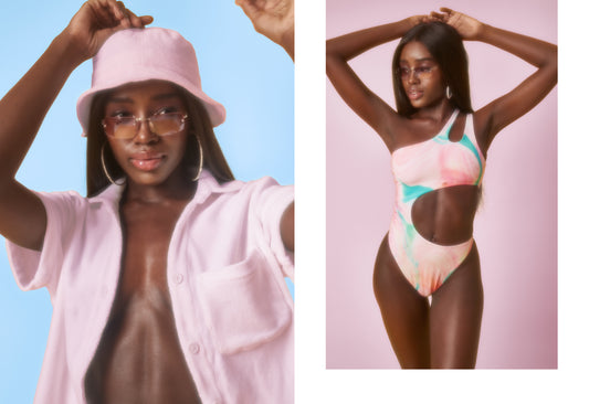 Pink terry hat with button up shirt and cut out trippy print one piece swimsuit by Frankies Bikinis 