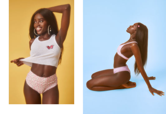 High waist bikini in butterfly print and pink terry triangle bikini by Frankies Bikinis 