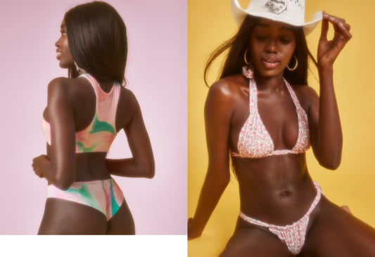 Trippy print sport halter bikini and triangle bikini in butterfly print by Frankies Bikinis 