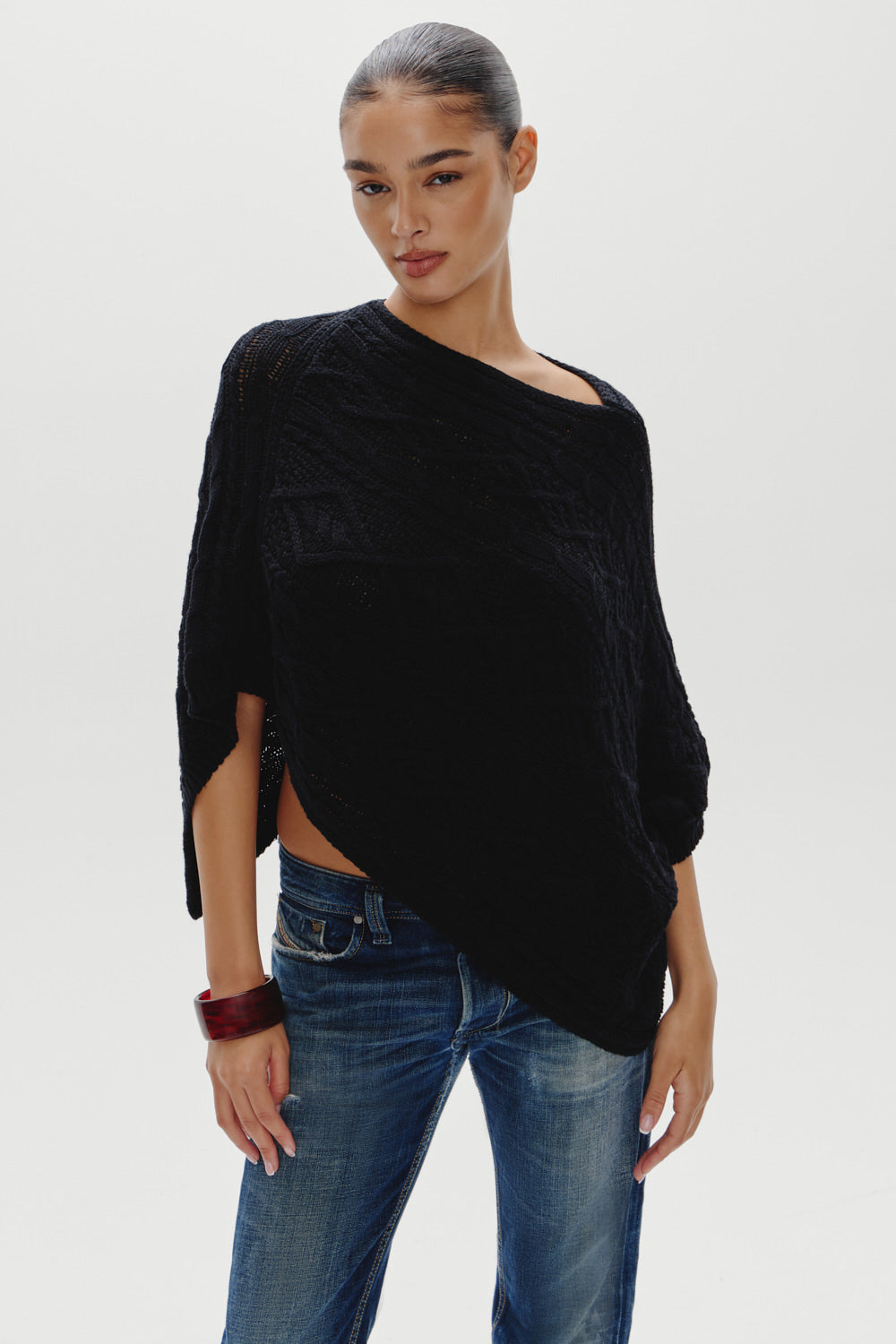 Aspen Cotton Knit Poncho  Black