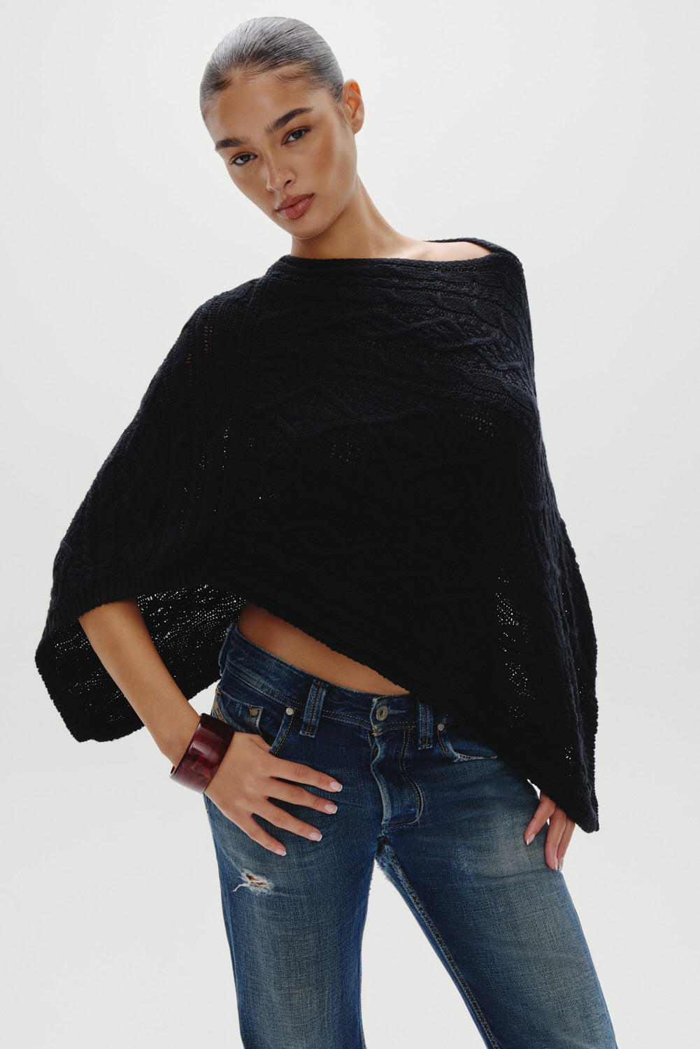 Aspen Cotton Knit Poncho  Black