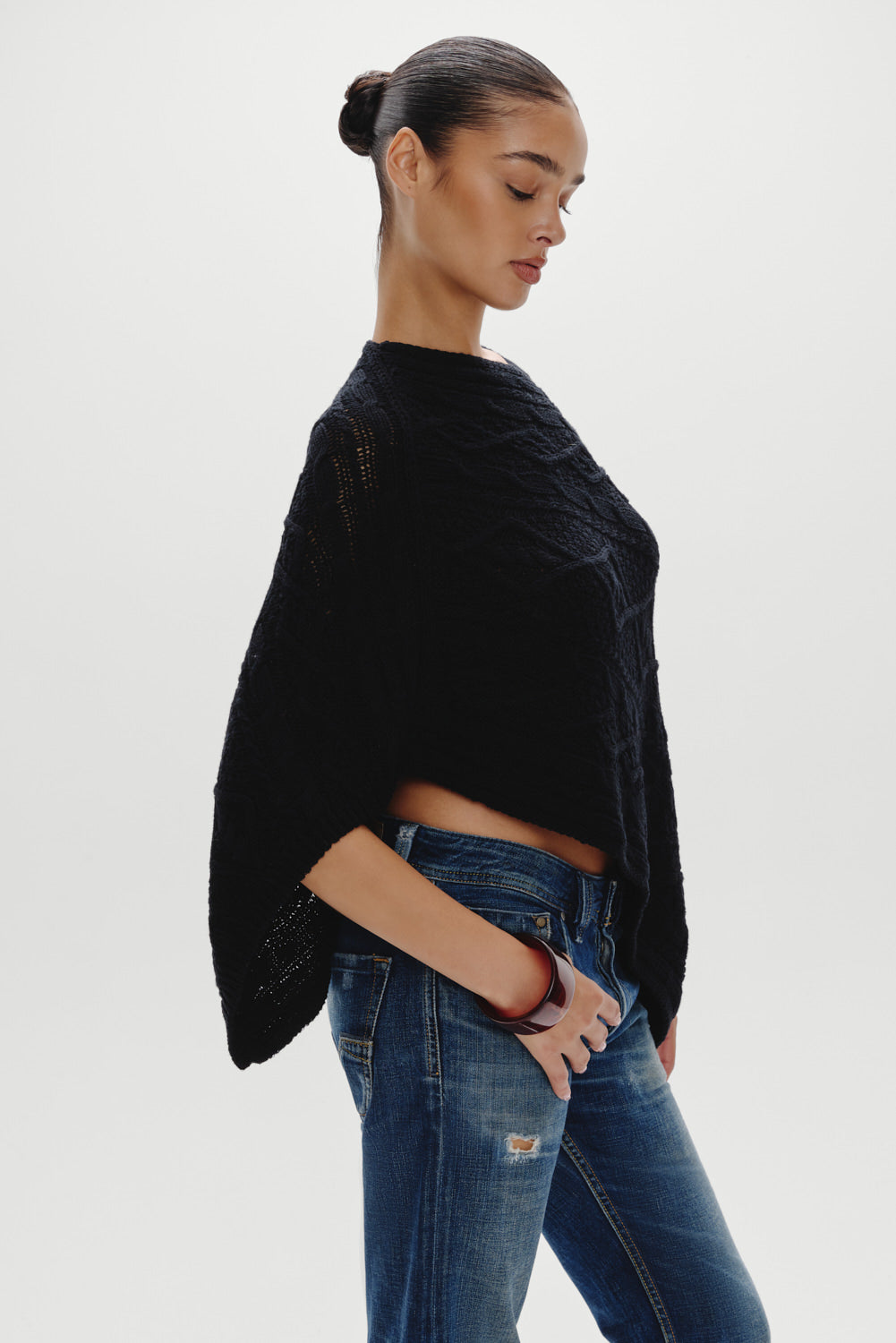 Aspen Cotton Knit Poncho  Black