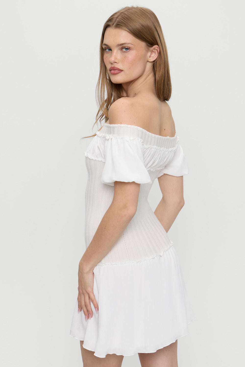 Aura Off The Shoulder Mini Dress - Coconut Cream Aura Off The Shoulder Mini Dress - Coconut Cream